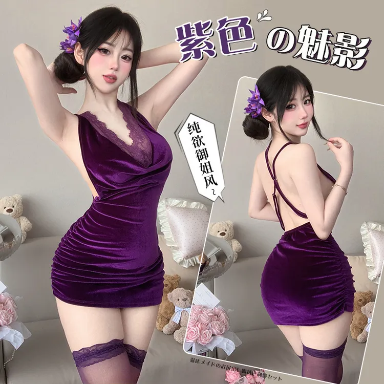 性感睡衣惹火蕾丝包臀裙紫色制服纯欲诱惑睡衣套装战袍8365