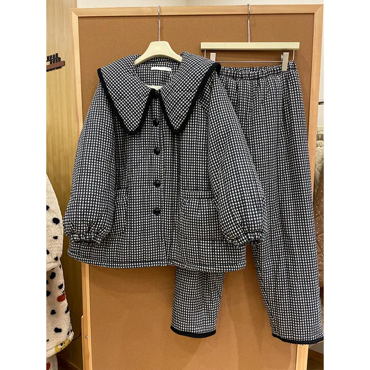 韩系复古格子高品质三层夹棉睡衣冬季女新款加厚可外穿家居服套装