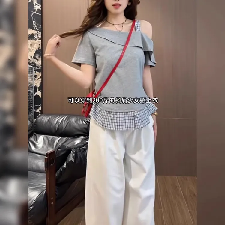 微胖巨瘦大码胖mm灰色不规则短袖T恤女夏季宽松显瘦遮肉露肩上衣