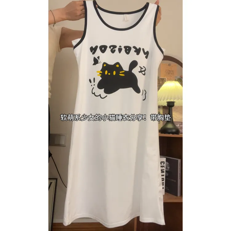 带胸垫睡衣女夏季薄款背心可爱外穿睡裙2025新款连衣裙家居服小猫