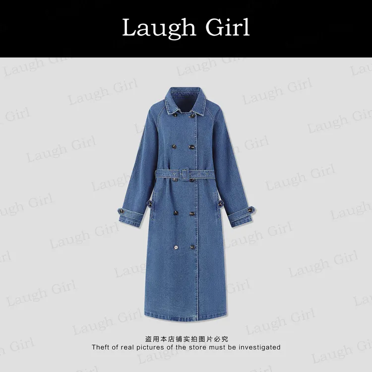 楚楚君 Laugh girl秀场同款【设计师款】长款牛仔风衣外套FL53372J