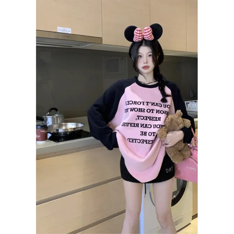 粉色撞色独特长袖上衣女中长款遮屁股设计感宽松遮肚打底衫秋显瘦