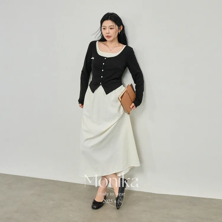 大码女装2025胖mm秋装新款假两件蝴蝶结撞色方领长款连衣裙4992