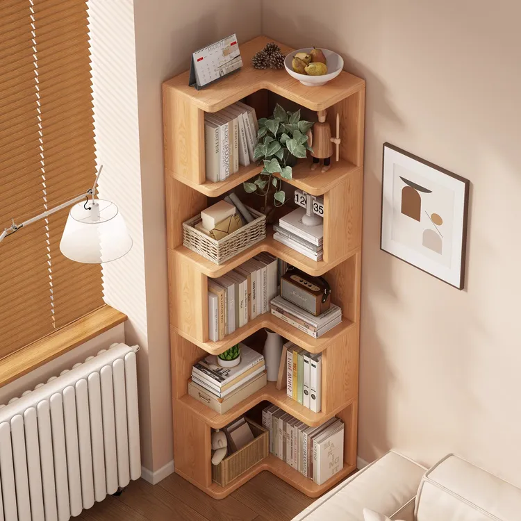 实木转角书架落地置物架客厅简易书柜储物柜一体不占地方靠墙柜子