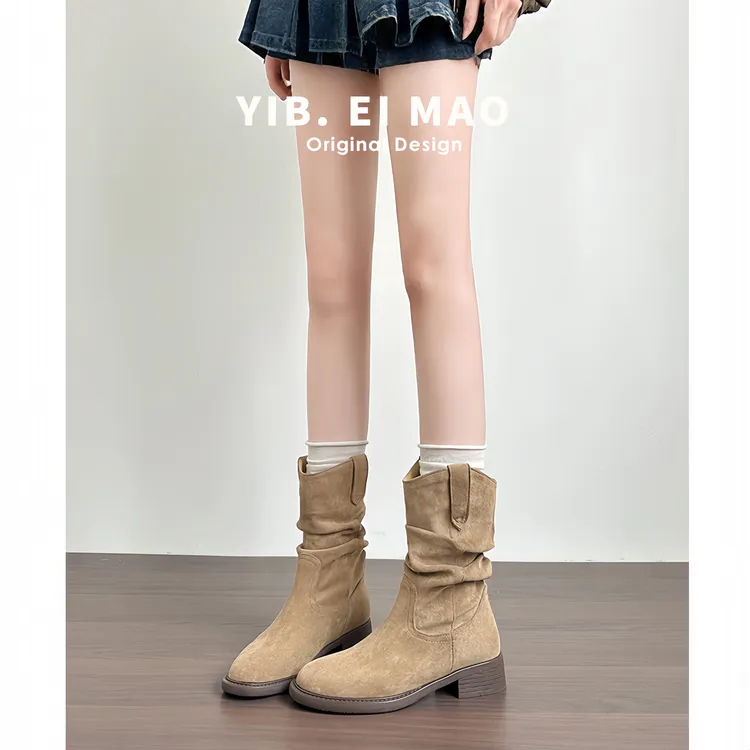 厚底美拉德短靴女2025新款复古马丁靴粗跟内增高堆堆靴西部牛仔靴