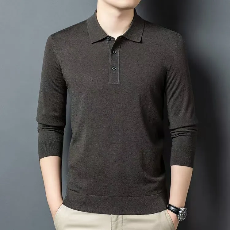 【山羊绒+桑蚕丝】秋季男士针织衫纯色Polo领薄 款长袖打底T恤556