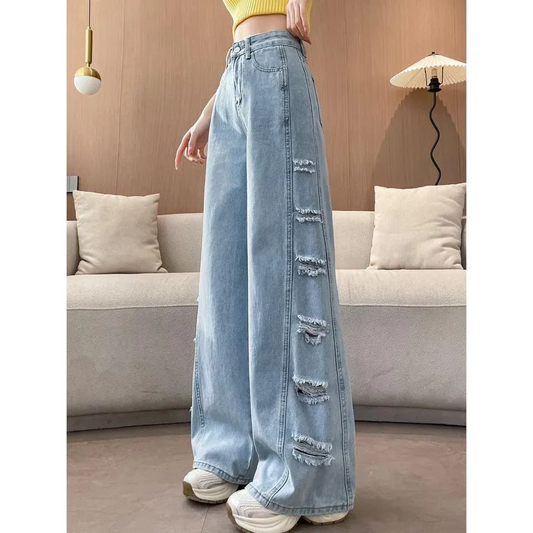浅色破洞牛仔裤女夏季2025新款美式设计感裤子宽松直筒窄版阔腿裤
