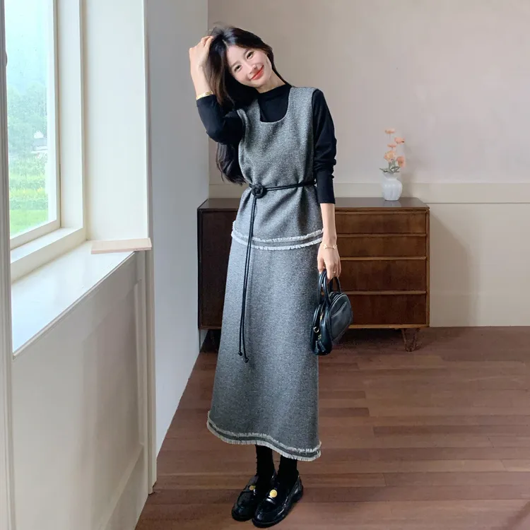 灰色韩系轻熟风收腰马甲套装裙女2025秋新款高腰显瘦半身裙三件套