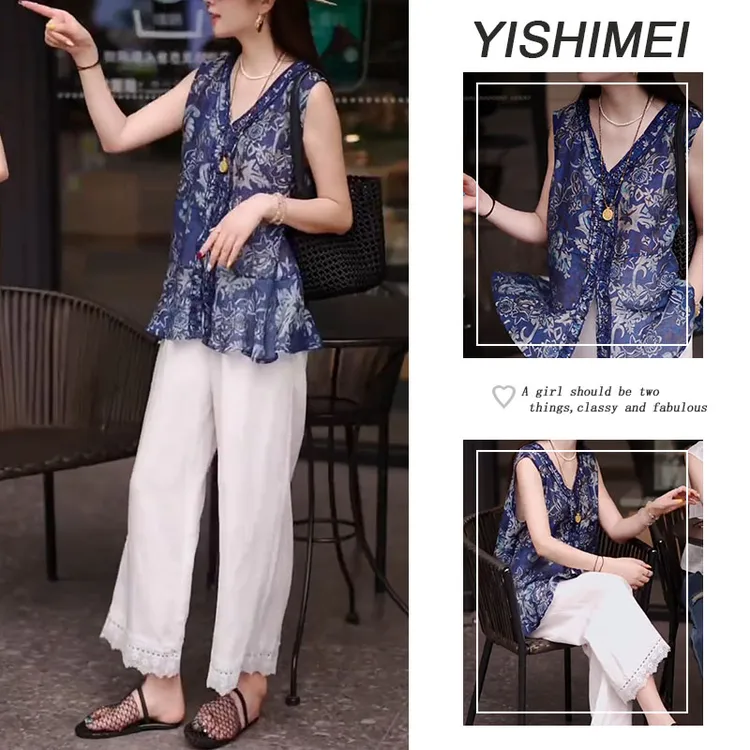 【现货】套装夏装2025新款套装碎花v领衬衫美风休闲时尚长裤两件套