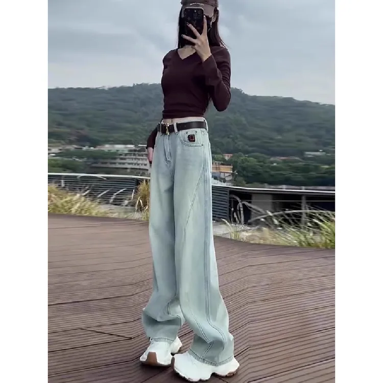 浅蓝色洗水牛仔裤女2025春秋新款宽松显瘦百搭阔腿休闲直筒拖地裤