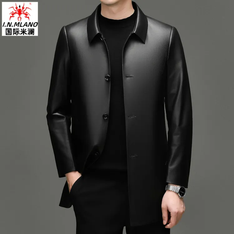 中长款新款真皮男士皮衣外套男休闲风衣男高档中年绵羊皮修身潮流
