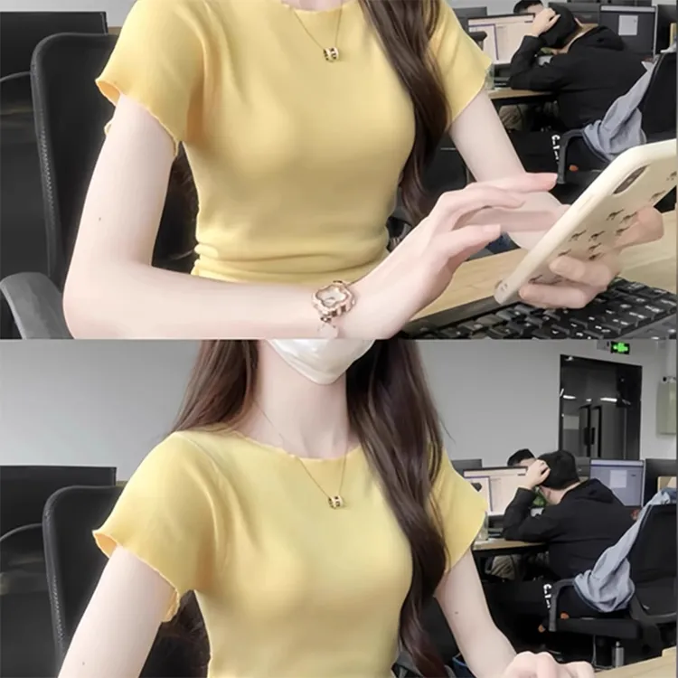 多巴胺黄色薄款针织短袖T恤女夏季新款法式爆款小衫修身掐腰上衣