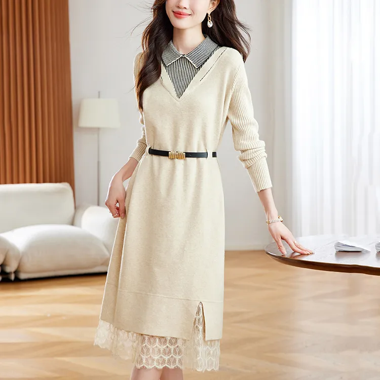 拼接假两件连衣裙高级感娃娃领毛衣裙轻奢气质减龄针织打底裙洋气