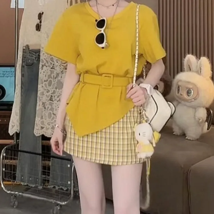 2025夏季韩系设计感斜边腰带短袖T恤上衣显瘦百搭格子半身裙套装