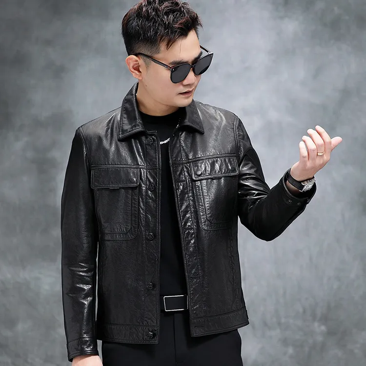 babibao/巴比豹海宁春季新款男士男款油蜡牛皮皮衣修身休闲2259