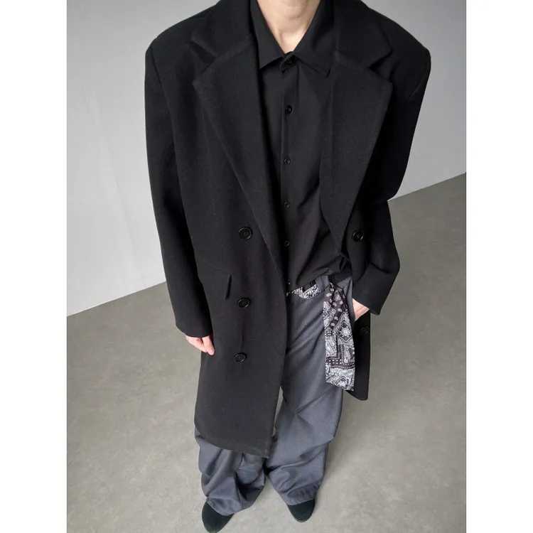 CrownStudios秋冬季中长款毛呢大衣韩版男士宽松外套休闲百搭风衣