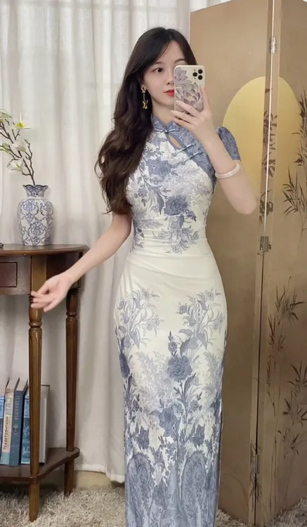 予溪自制【青花瓷】杏印花裙温婉优雅收腰显瘦气质高级感改良旗袍