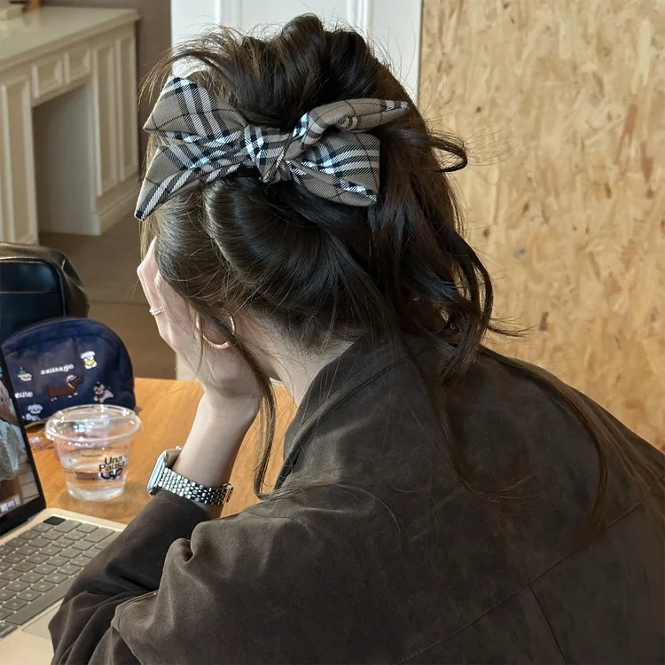 复古格纹蝴蝶结鸭嘴夹发夹后脑勺一字抓夹2025新款高级感盘发头饰