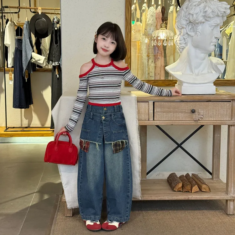 美式复古假两件拼接设计感宽松牛仔裤女童甜酷春季新款弯刀阔腿裤