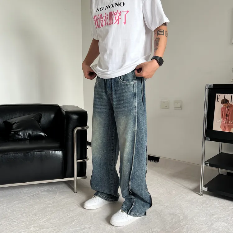 阔腿裤男韩版潮流牛仔裤薄款美式弹力直筒牛仔裤百搭痞帅休闲裤