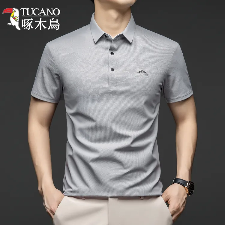 【桑蚕丝+冰氧丝】夏季薄款短袖山水画中青年男士Polo衫t恤男装半袖