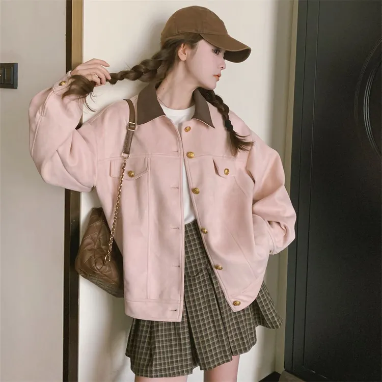 粉色麂皮绒工装外套女春秋2025新款甜美小个子学院风休闲夹克上衣