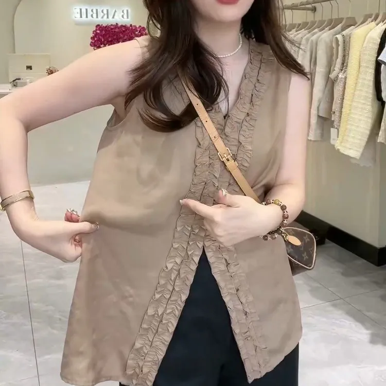 2025夏季V领木耳边无袖小衫时尚百搭背心上衣顺14918-