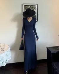 【Aliu自制】卡戴珊秋季性感辣妹修身显瘦包臀V领长袖黑色连衣裙女
