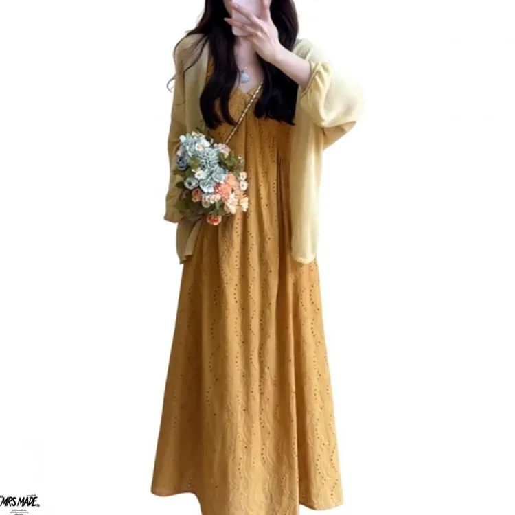 大码女装夏装长款开衫韩版宽松遮肉显瘦设计感吊带连衣裙夏裙裙子