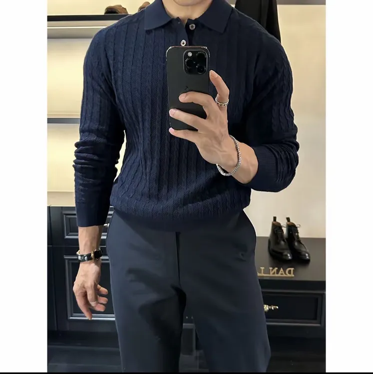 男款针织春秋季扭花冬季Polo衫套头时尚长袖毛衣上衣马鞍肩遮肚潮