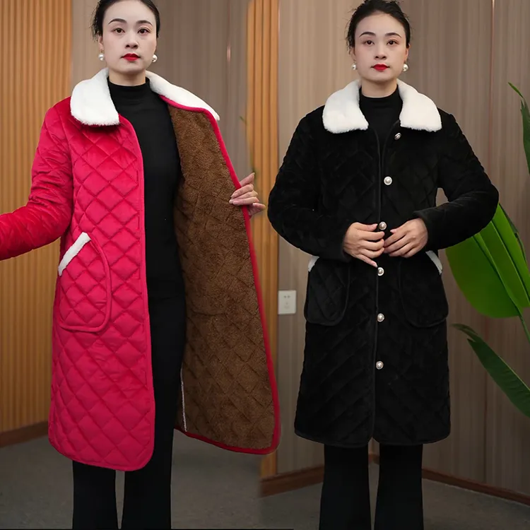 新款加绒保暖纯色棉衣2025冬季宽松中长款毛领加厚宽松大码棉袄女