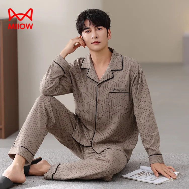 猫人2025春秋季新款纯棉长袖长裤睡衣男大码宽松可外穿家居服套装