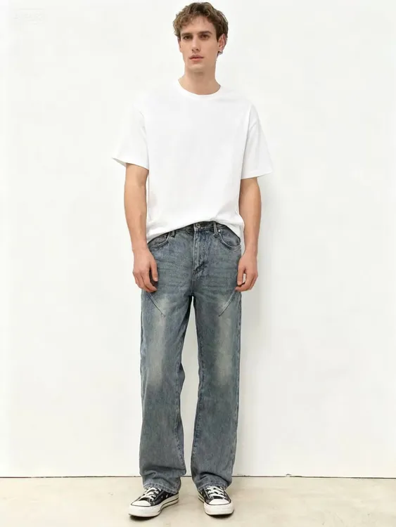 男士水洗做旧中腰宽松牛仔裤复古潮流美式休闲直筒长裤 7088