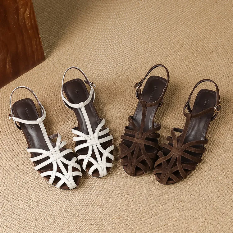 羊皮/露趾/法式百搭气质镂空一字带休闲夏季时尚编织包头凉鞋女