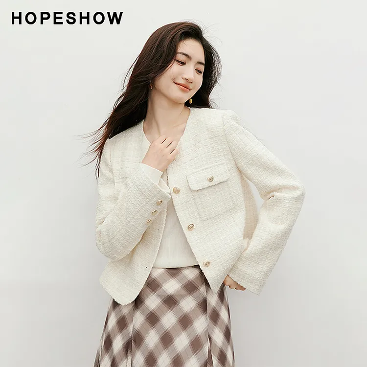 红袖2025秋季女装 香风粗花呢浮雕扣贴袋圆领箱型外套90125280401