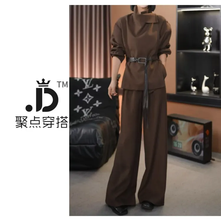 JUDIAN-【晚枫落叶】立领系扣不规则设计上衣+长裤套装8jd00351