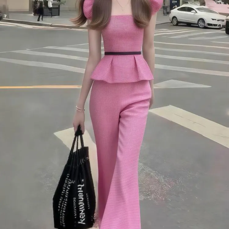 新款时尚高端大气方领修身收腰上衣 百搭显瘦长裤女粉色格子套装