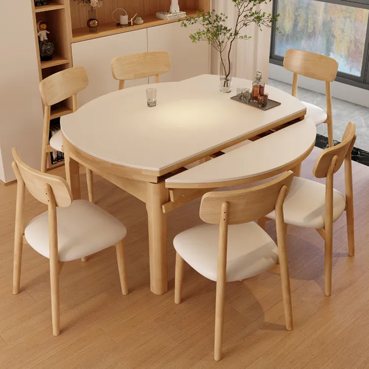 实木岩板餐桌椅家用原木色现代简约小户型奶油风方圆两用伸缩桌子