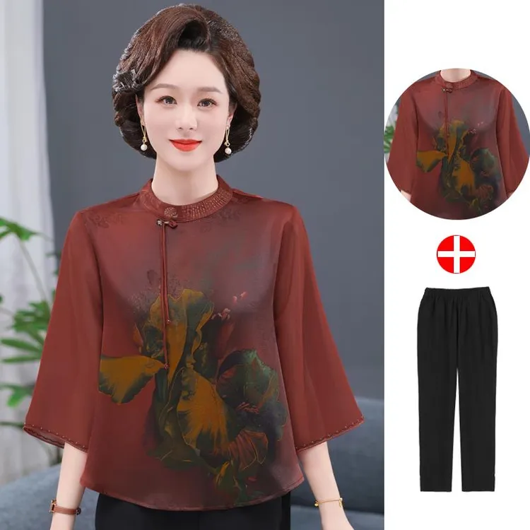 恒源祥彩羊中老年女装国风香云纱小衫小个子仿真丝缎妈妈七分袖夏