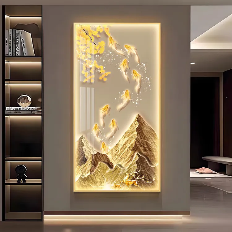 九鱼图轻奢led灯入户玄关装饰画走廊过道挂画壁画简约现代高级感