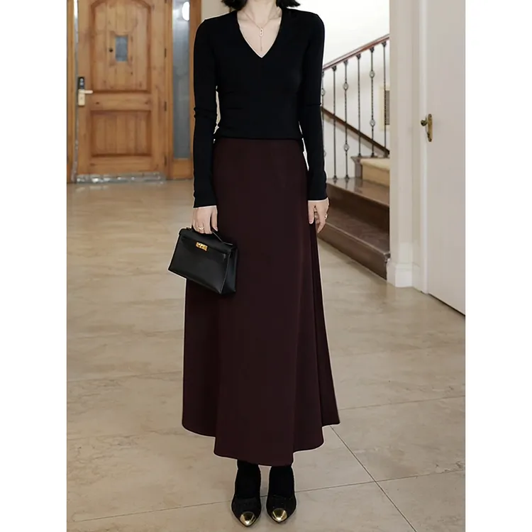 郭九九呢 羊毛桑蚕丝醋酸优雅气质伞裙半身裙v领打底衫G924Z17643