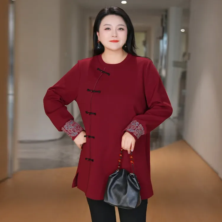 现货-MsShe大码女装秋装新中式刺绣盘扣斜襟开叉卫衣J~B2509036