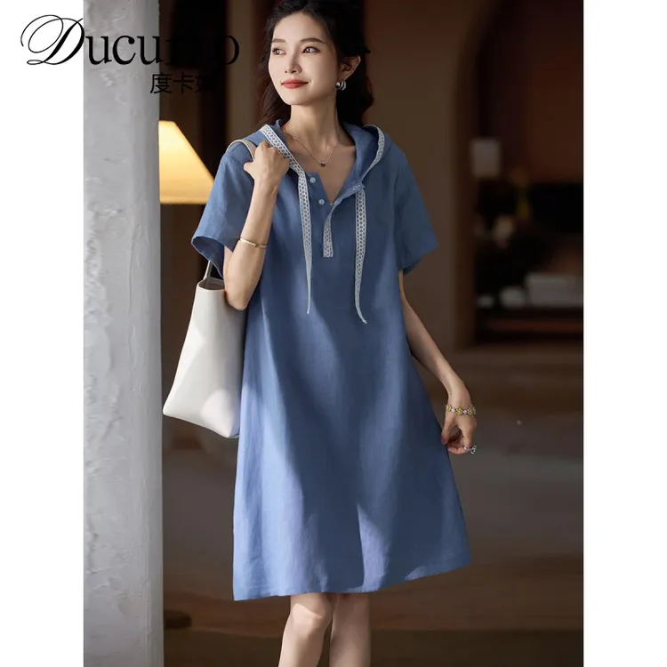 时尚拼接连帽连衣裙女2025年夏季新款宽松裙子欧货大码A字裙超级