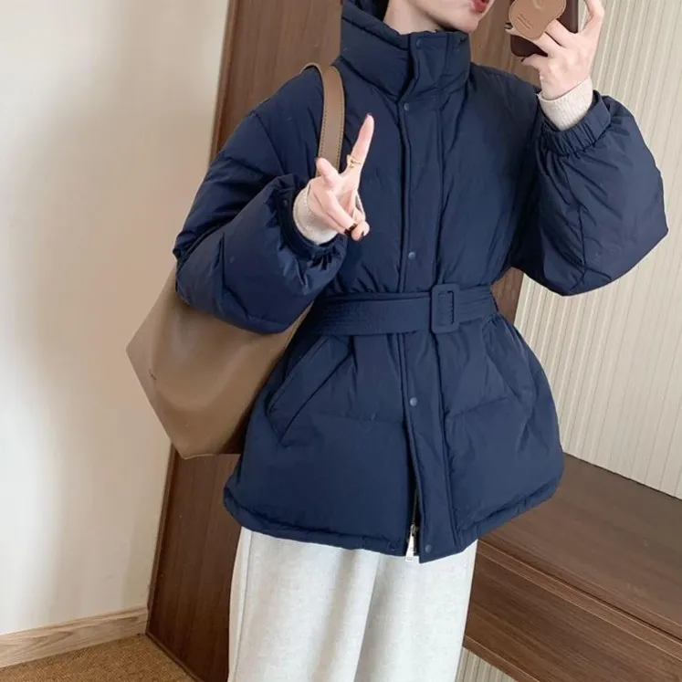 E中长款超好看腰带棉服女韩版休闲宽松显瘦保暖上衣冬时尚面包服