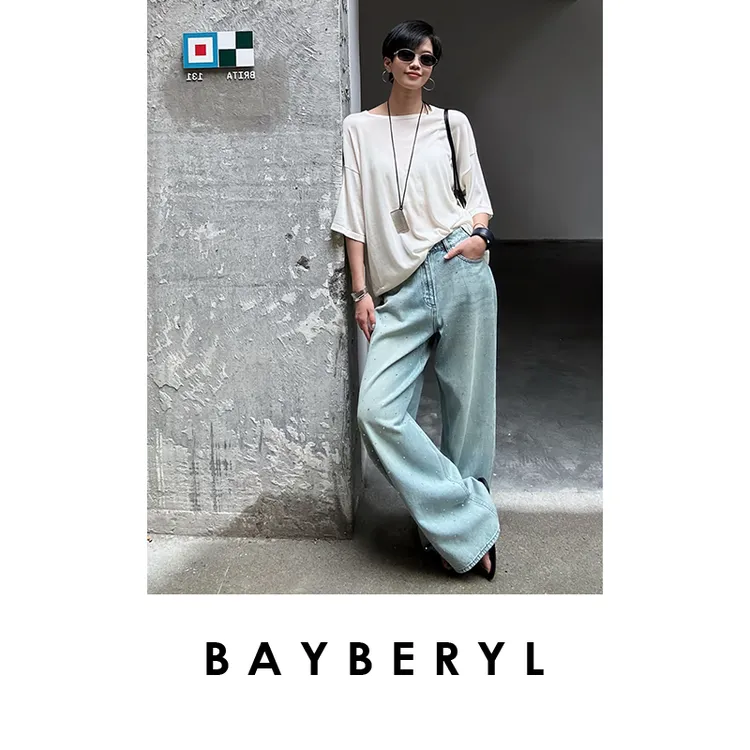 BAYBERYL老贝亮钻牛仔*烫钻高腰百搭秋直筒牛仔裤NZK5D1101