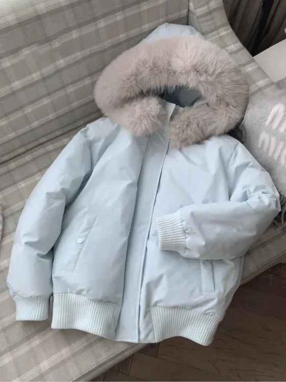 韩系蓝色连帽大毛领棉服女设计感小众2025秋冬装保暖外套派克服