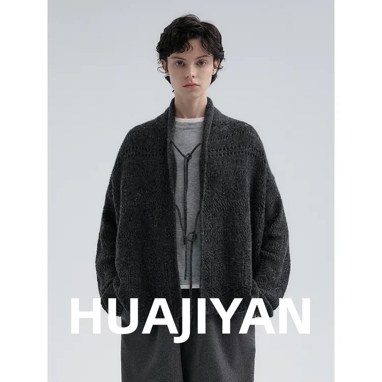 华吉言/HUAJIYAN【剧幕】羊驼毛绵羊毛混纺镂空针法系带毛衣外套