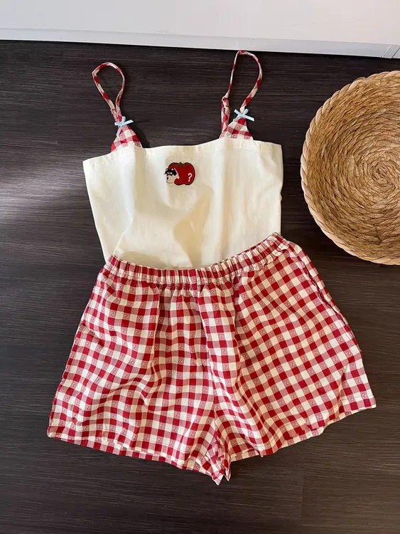 【DMXJ大梦想家】韩系甜美苹果印花吊带夏日新款条纹短裤显白套装