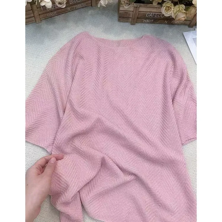 丽丽家~香草粉半袖百搭宽松纯色圆领针织衫