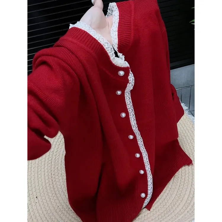 高级感时尚蕾丝花边针织开衫女秋季新款简约纯色休闲百搭红色上衣
